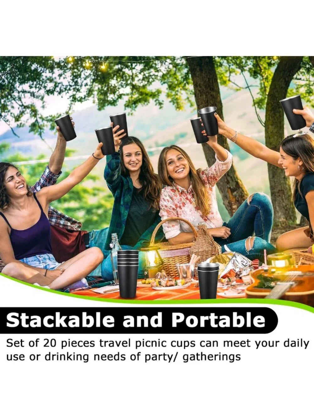 20 Pack 16oz Stainless Steel Metal Cups - Durable, Reusable, Black Drinkware